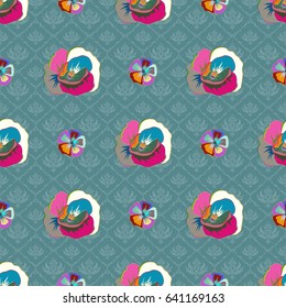 Vector flower seamless pattern in blue and green colors.