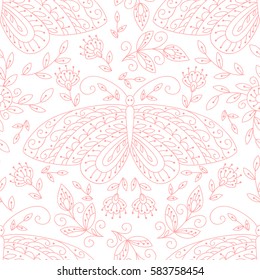 Vector flower seamless pattern with butterfly. Cute abstract pink and white floral background. Scrapbook cute spring paper