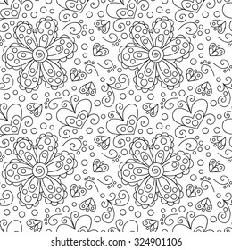 Vector flower seamless pattern. Cute floral background with swirls, dots and butterfly's.