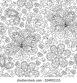 Vector flower seamless pattern. Cute floral background with swirls, dots and butterfly's.