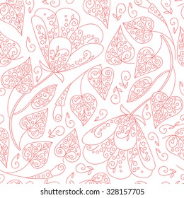 Vector flower seamless pattern. Cute pink floral background with swirls, dots and leaves.