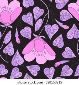 Vector flower seamless pattern. Cute pink flowers with leaves, background with swirls and leaves.