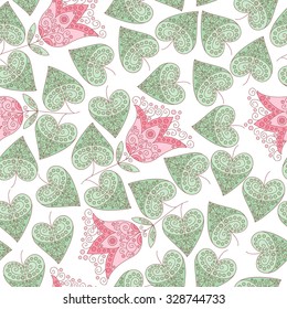 Vector flower seamless pattern. Cute floral background with swirls, dots, leafs.