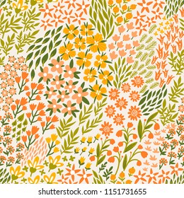 Vector flower seamless pattern. Endless repeated texture with flowers, leaves, branches. Floral background.