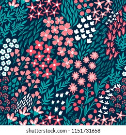 Vector flower seamless pattern. Endless repeated texture with flowers, leaves, branches. Floral background.