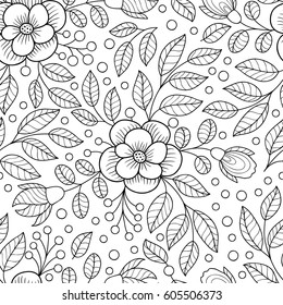 Vector flower seamless pattern with leaves. Black and white print. Monochrome background.