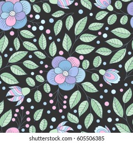 Vector flower seamless pattern with leaves. Black and white print. Monochrome background.