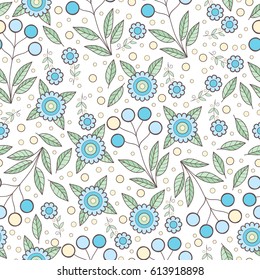 Vector flower seamless pattern with leaves. Scrapbook  black and white cute paper. Monochrome print.