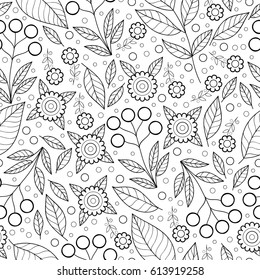 Vector flower seamless pattern with leaves. Scrapbook  black and white cute paper. Monochrome print.