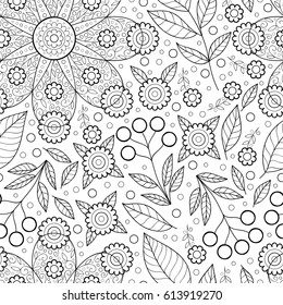 Vector flower seamless pattern with leaves. Scrapbook  black and white cute paper. Monochrome print.