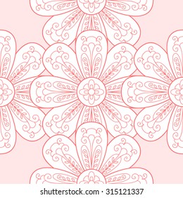 Vector flower seamless pattern. Simple floral background with beautiful abstract flowers. Cute wedding print with swirls and leafs. Vintage sweet and cute design. Pink and white wedding art.