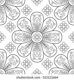 Vector flower seamless pattern. Simple floral background with beautiful abstract flowers. Cute wedding print with swirls and leafs. Vintage sweet and cute vector. Black and white monochrome wallpaper