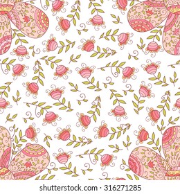 Vector flower seamless pattern. Simple floral background with beautiful outlined flowers. Cute wedding print with swirls and leafs. Vintage sweet and cute art. Colorful cartoon art.
