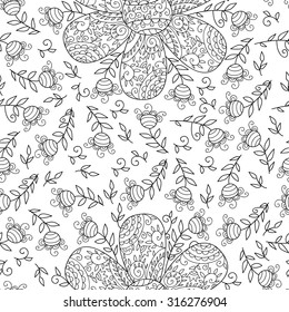 Vector flower seamless pattern. Simple floral background with beautiful abstract flowers. Cute bloom print with swirls and leafs. Vintage sweet and cute art. Monochrome pretty background.