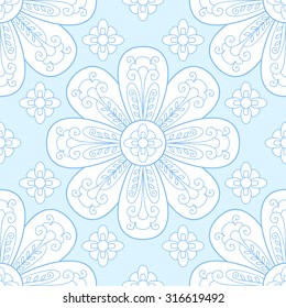 Vector flower seamless pattern. Simple floral background with beautiful abstract flowers. Cute wedding print with swirls and leafs. Blue pretty colorful wallpaper.