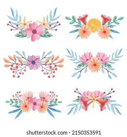 Vector flower set. Collection of colorful flowers with leaves and flowers, watercolor drawing. Spring or summer designs for invitation, wedding or greeting cards