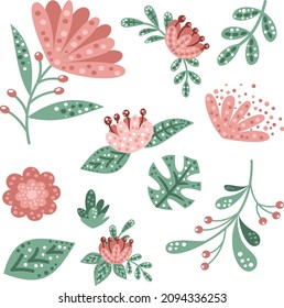 Conjunto de flores vectoriales. Flores rosas finas en un estilo minimalista. Berries, arreglos florales, hojas y plantas. Flores sobre un fondo blanco.