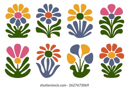 Vector flower set inspired by Matisse in a flat and cartoon style for modern artwork