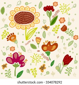 Vector flower set with sunflower. Hand drawn fantastic flowers.