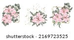 Vector flower set for wedding design. Pink lilies, eucalyptus, plants, leaves, golden elements. Flowers on a white background