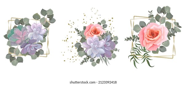 Vector flower set for wedding design. Succulents, pink roses, eucalyptus, plants, leaves, golden elements. Flowers on a white background