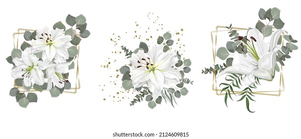 Vektorblumenset für Hochzeitsdesign. Weiße Lilien, Eukalyptus, Pflanzen, Blätter, goldene Elemente. Blumen auf weißem Hintergrund