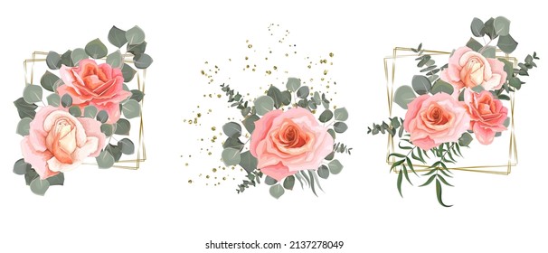 Vector flower set for wedding design. Pink roses, eucalyptus, plants, leaves, golden elements. Flowers on a white background