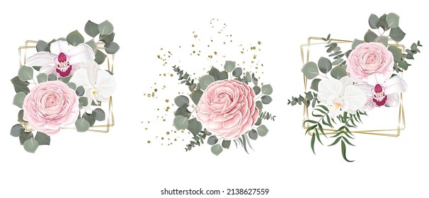 Flor vectorial para el diseño de bodas. Rosas rosas rosas, orquídea blanca, eucalipto, plantas, hojas, elementos dorados. Flores sobre un fondo blanco