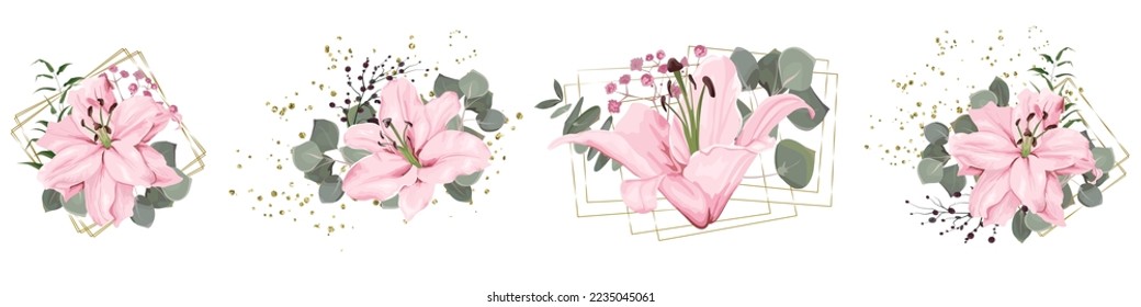 Vector flower set for wedding design. Pink lilies, eucalyptus, plants, leaves, golden elements. Flowers on a white background