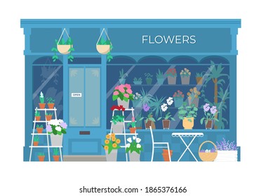 Vector Flower Shop Building Front Flat Illustration. Showcase With Plants And Flowers In Buckets And Pots. Isolated On White.