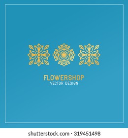 Vector flower shop logo design template made with golden foil on blue background in trendy linear style