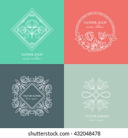 Vector flower shop logo design template in trendy linear style. Floral and geometrical  frame with  space for text. Decorative concept for wedding service, flower shop, florist.