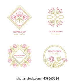 Vector flower shop logo design template in trendy linear style. Floral and geometrical  frame with  space for text. Decorative concept for wedding service, flower shop, florist.