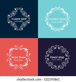 Vector flower shop logo design template in trendy handdrawn style. Floral and geometrical frame with space for text. Decorative concept for wedding service, flower shop, florist.