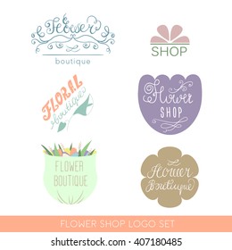 Vector flower shop logos and signs in hand drawn style. Emblems for Floral boutique