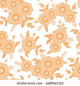 Vector Flower Silhouettes in Orange on White Background Seamless Repeat Pattern. Background for textiles, cards, manufacturing, wallpapers, print, gift wrap and scrapbooking.