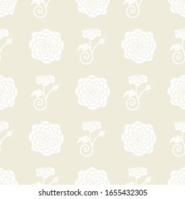 Vector Flower Silhouettes in White on Beige Background Seamless Repeat Pattern. Background for textiles, cards, manufacturing, wallpapers, print, gift wrap and scrapbooking.