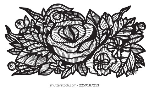 Vector Flower. Spanish Sihluette Flower. Stencil Bright Flowers. Monocrome Floral Frame. Look Traditional Stencil. Arabic Ornament. Strips. Delicate Floral Lace.