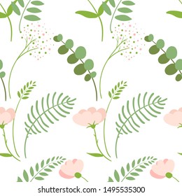 Vector flower spring pattern. Cute pink pattern. Garden flower motif floral texture vector backgrond. Flat flowers, leaves, eucalyptus summer seamless pattern. Perfect fot textile. Floral design.