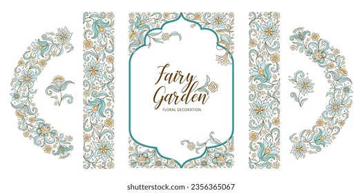 Vector flower square frame, floral half-round frame, vignettes, border, card design template. Elements in Eastern style. Floral borders, flower illustration. Indian ornaments. Ethnic Isolated ornament