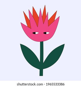 vector flower sticker - tulip with eyes.Hippie vintage style.Psychedelic quirky character 60s and 70s.Childish naive hand drawn style.Isolated sticker of field flowers.Bizarre tattoo template.