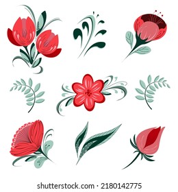 Vector flower summer set of 5 flowers and greenery - leaves and stems. Decoration summer elements set for print and web