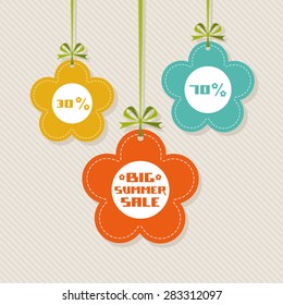 Vector flower tag. Floral summery banner. Background with ribbon and bow. Big summer sale. Illustration for print, web