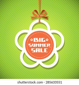 Vector flower tag. Floral summery banner. Background with ribbon and bow. Big summer sale. Illustration for print, web