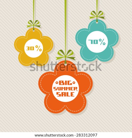 Vector flower tag. Floral summery banner. Background with ribbon and bow. Big summer sale. Illustration for print, web