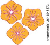 Vector flower trio. Orange petal icon. Bright blossom symbol. Rounded floral shape.