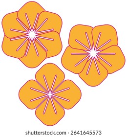 Vector flower trio. Orange petal icon. Bright blossom symbol. Rounded floral shape.