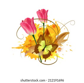 Vector flower tulip. Vector background with Flower.  background with butterfly