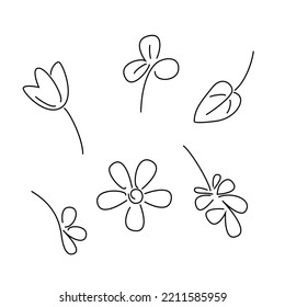 Vektorblume, Tulpe, Blätter in einer Linie Stil. minimalistischer Stil. Handgezeichnet abstrakte botanische Elemente einzeln auf weißem Hintergrund.
