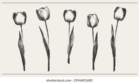 Vector flower tulip trendy retro photocopy effect. Modern stipple dots texture for design art. y2k vintage collage set.
